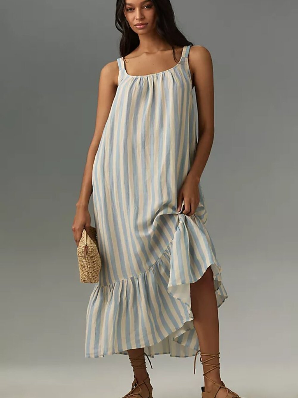 Velvet by Graham & Spencer Meradith Midi Dress | XL | Blue & Cream Stripe Linen